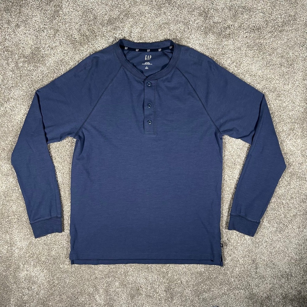 Gap Mens Henley Shirt Large Navy Blue Cotton Long Sleeve Raglan Vintage Slub